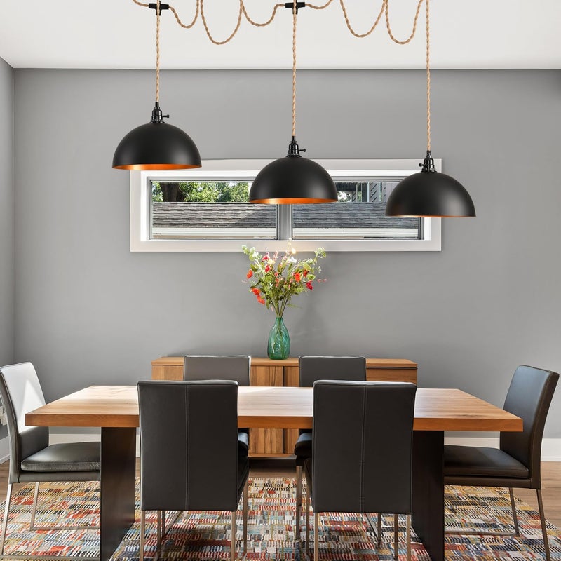 KENMI 3-Light Hanging Light with Plug in Cord,Plug in Pendant Light 22ft Hemp Rope Pendant Lighting Vintage 3-Light Hanging Lamp Fixtures for Kitchen Island Living Room Bedroom - Image 5
